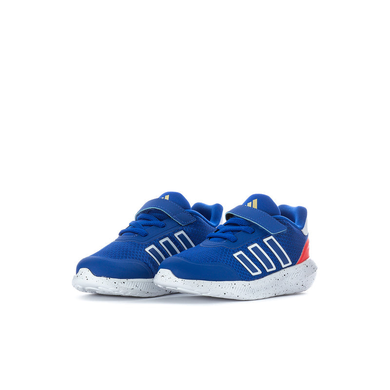Toddler sneakers, pair view, royal blue uppers with white stripes and red heel