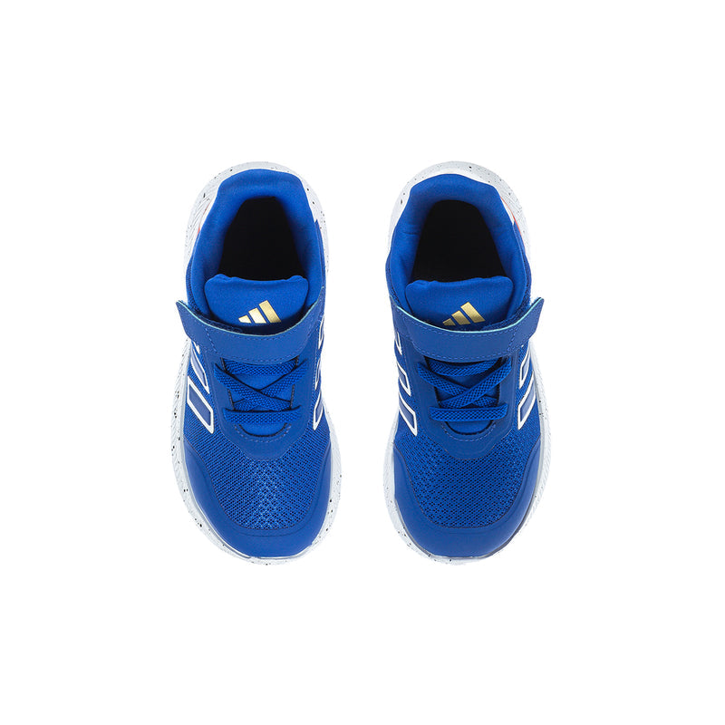 Toddler sneakers, front view: royal blue laces, white logo stripes, padded collar