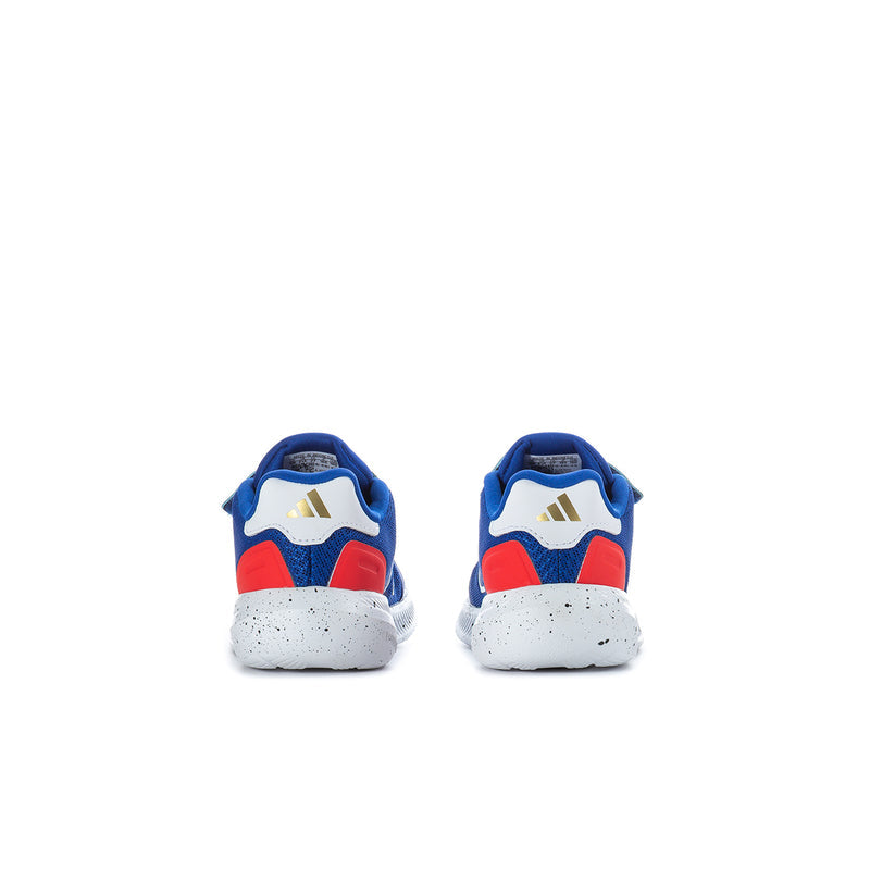Toddler sneakers, heel view: royal blue with white panels and red rear accent