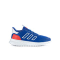Youth sneakers with blue upper, white midsole, red heel panel, three-bar logo.