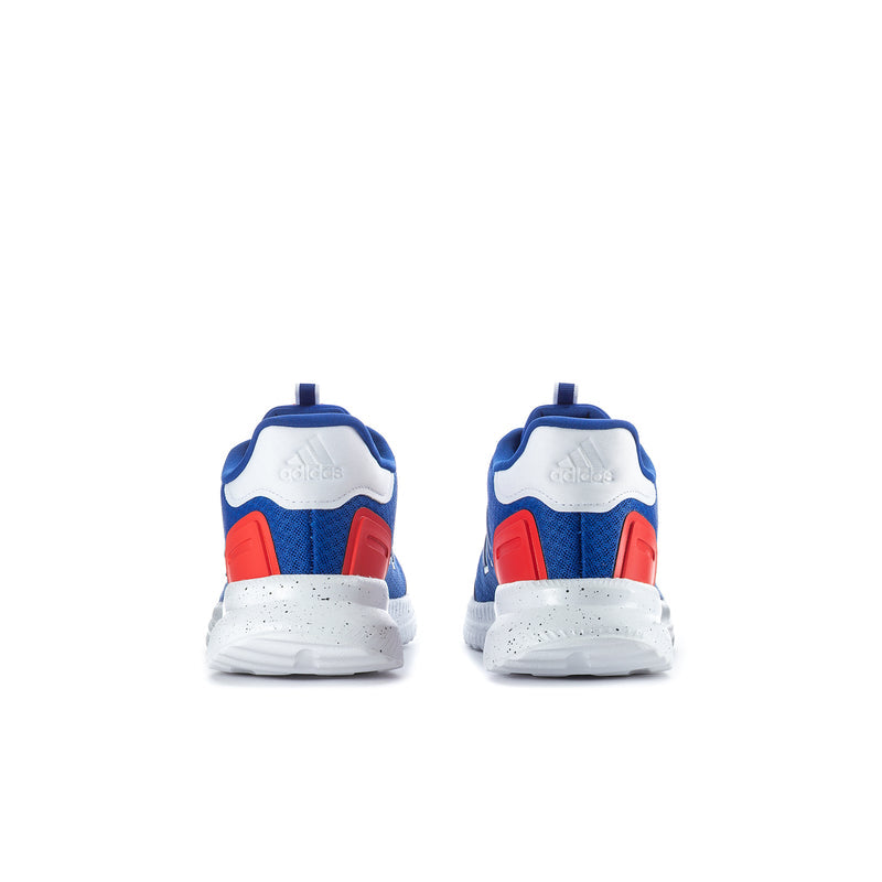 Youth sneakers heel view with blue back, red heel accent, white midsole.