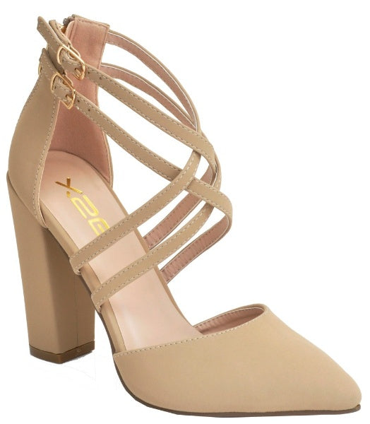 X2B Shary-6N Women's Pointed Toe Pumps Ankle Strap Chunky Block Heel Sandals