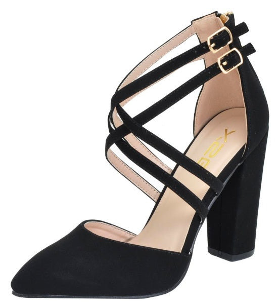 X2B Shary-6N Women's Pointed Toe Pumps Ankle Strap Chunky Block Heel Sandals