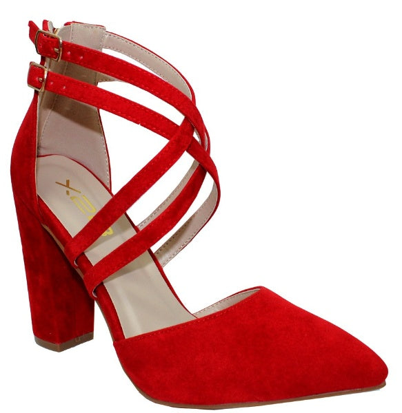 X2B Shary-6N Women's Pointed Toe Pumps Ankle Strap Chunky Block Heel Sandals